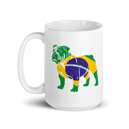 White 15oz ceramic mug with handle on left. Features Roscoe Hamilton in Brazil flag.
