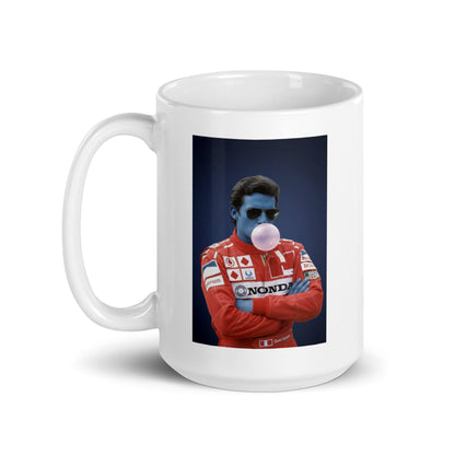 White ceramic 15oz Ayrton tribute mug with handle on left.