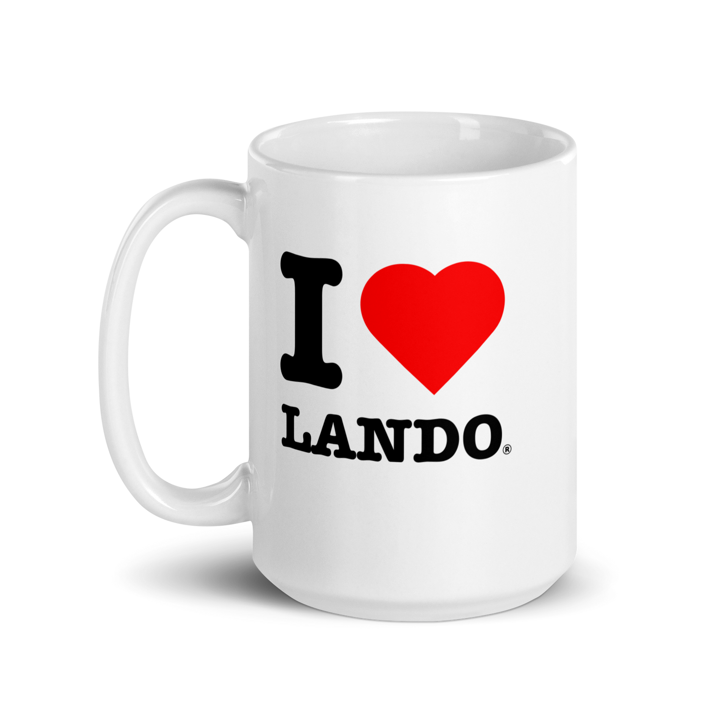 White mug with 'I ❤️ Lando' text on a white background. Perfect gift for Lando Norris fans.