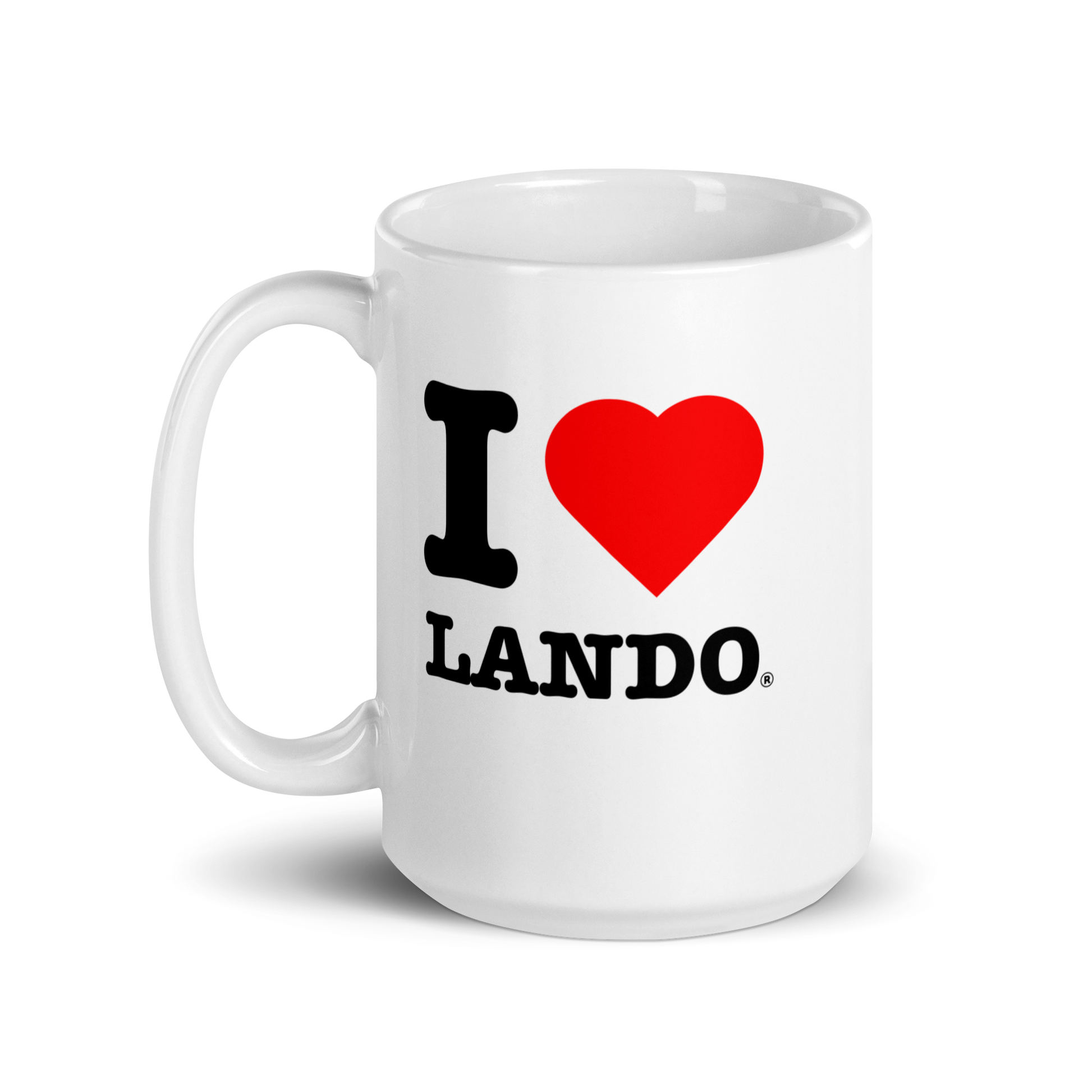 White mug with 'I ❤️ Lando' text on a white background. Perfect gift for Lando Norris fans.