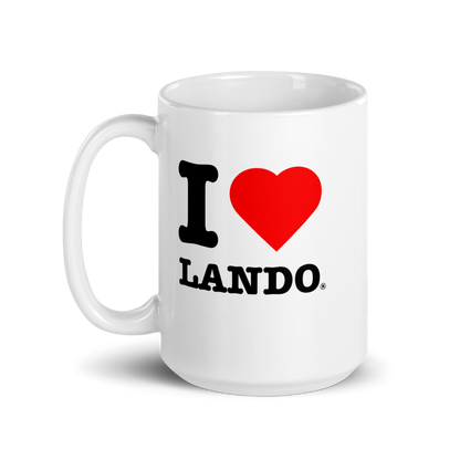 White mug with 'I ❤️ Lando' text on a white background. Perfect gift for Lando Norris fans.
