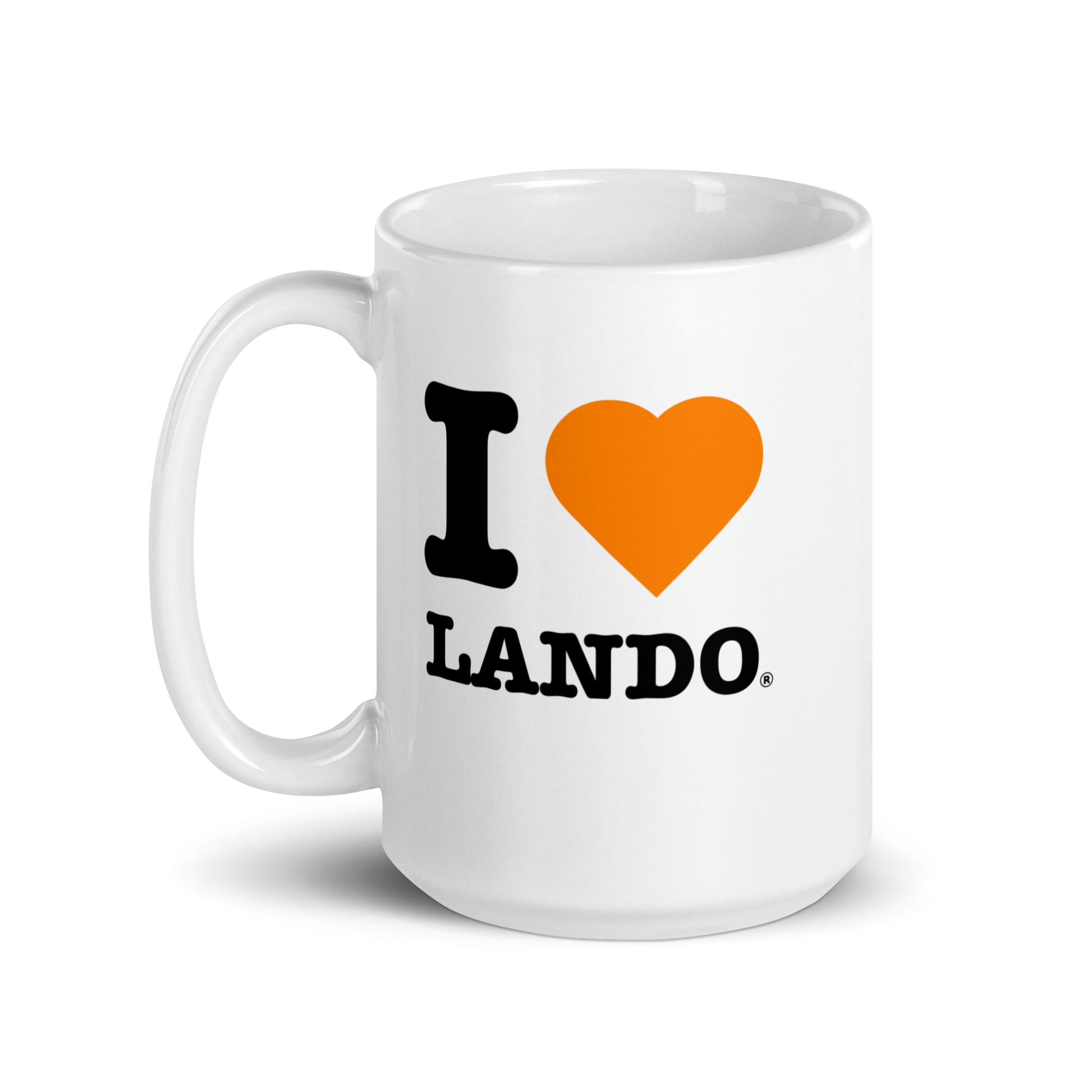 White mug with 'I ❤️ Lando' text on a white background