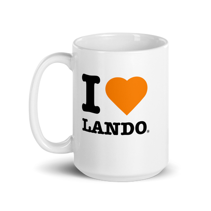 White mug with 'I ❤️ Lando' text on a white background