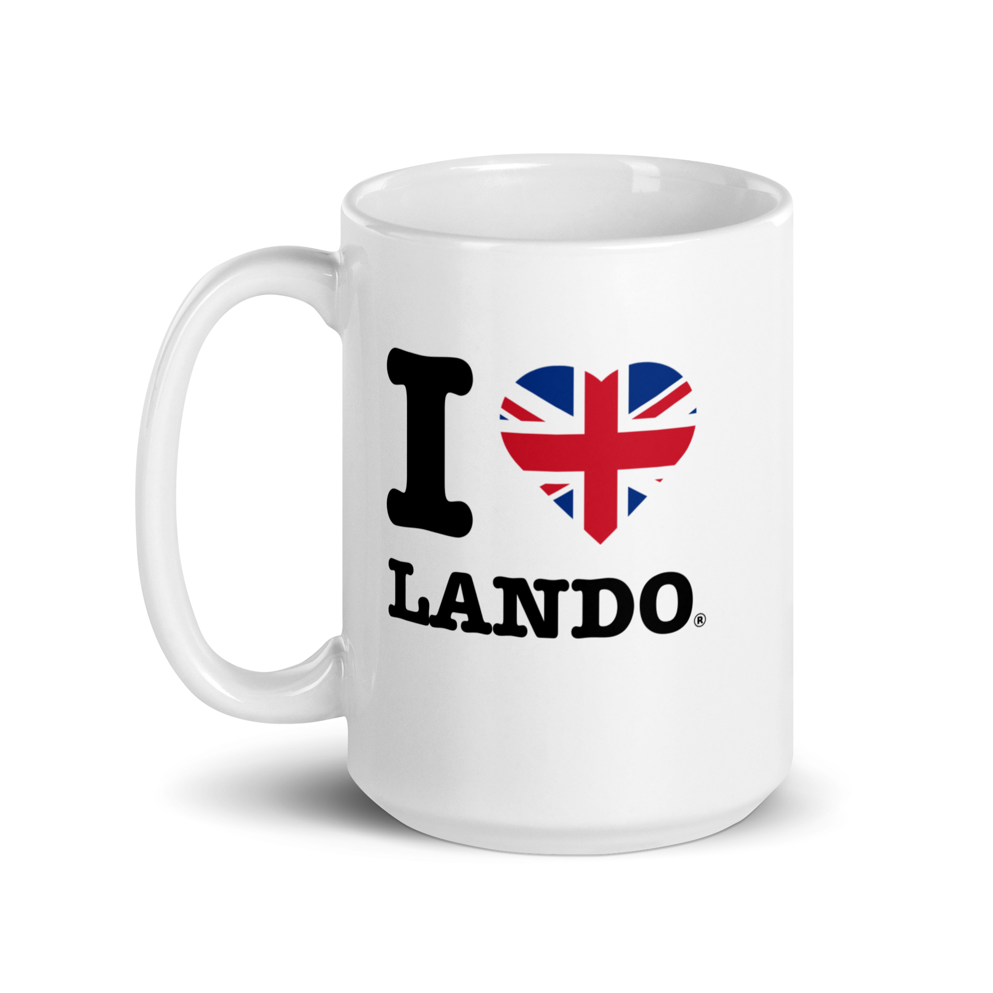White mug with 'I ❤️ Lando' design featuring a heart with British flag colors on a white background
