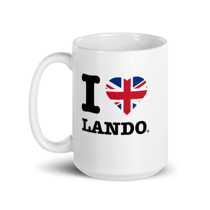 White mug with 'I ❤️ Lando' design featuring a heart with British flag colors on a white background