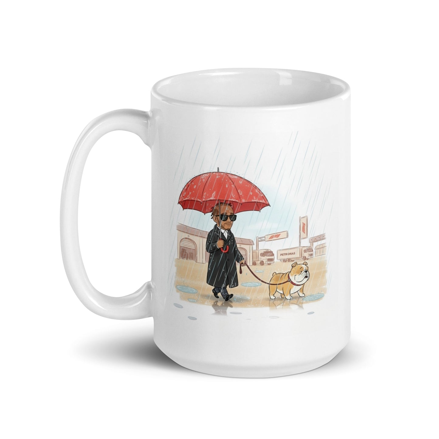 White ceramic 15oz mug with handle on the left hand side with Lewis Hamilton and Roscoe walking in the rain.