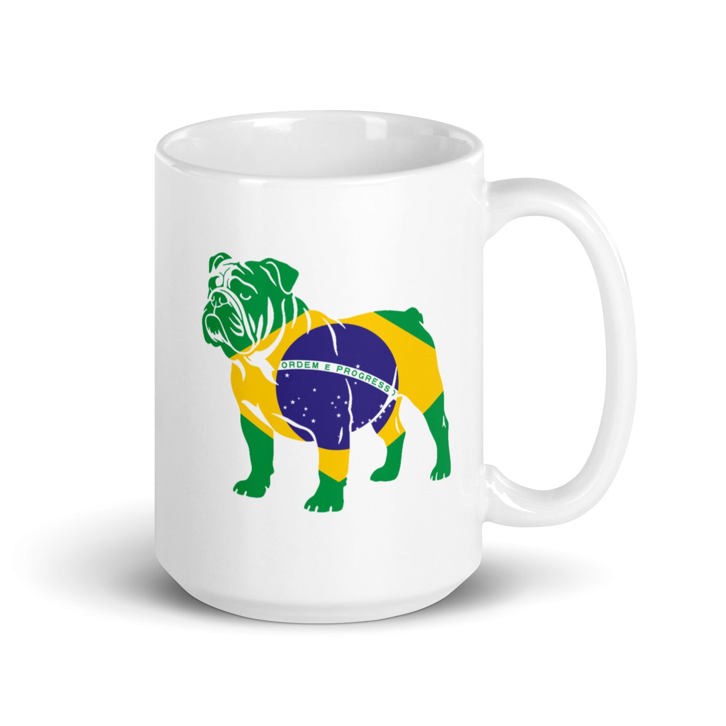 White 15oz ceramic mug featuring Roscoe Hamilton in Brazilian flag colours with hand le on right.