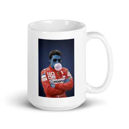 White ceramic 15oz Ayrton tribute mug with handle on right hand side.