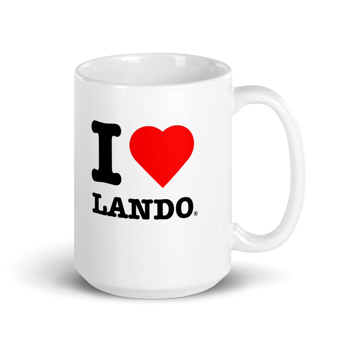White mug with 'I ❤️ Lando' design on a white background. Perfect for Lando Norris fans.