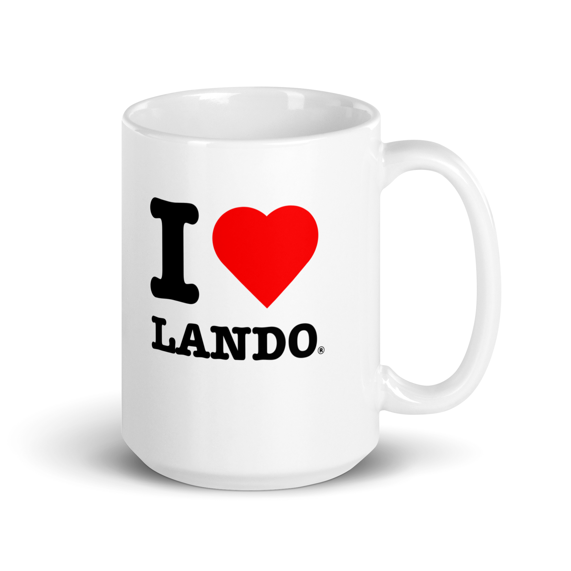 White mug with 'I ❤️ Lando' design on a white background. Perfect for Lando Norris fans.