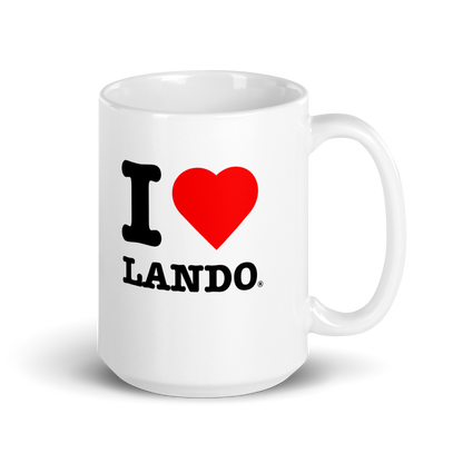 White mug with 'I ❤️ Lando' design on a white background. Perfect for Lando Norris fans.