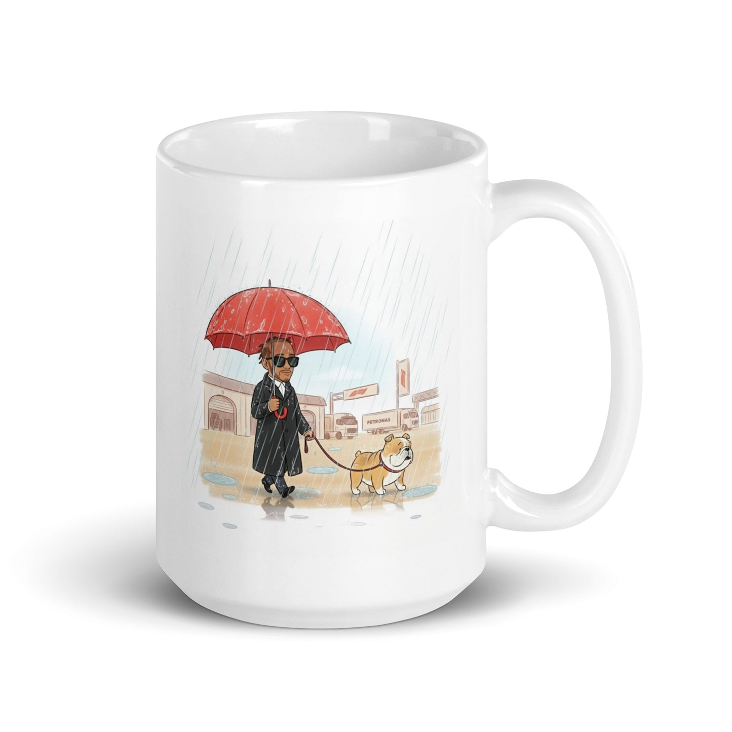White ceramic 15oz mug handle on right side with Lewis Hamilton and Roscoe walking in the rain.