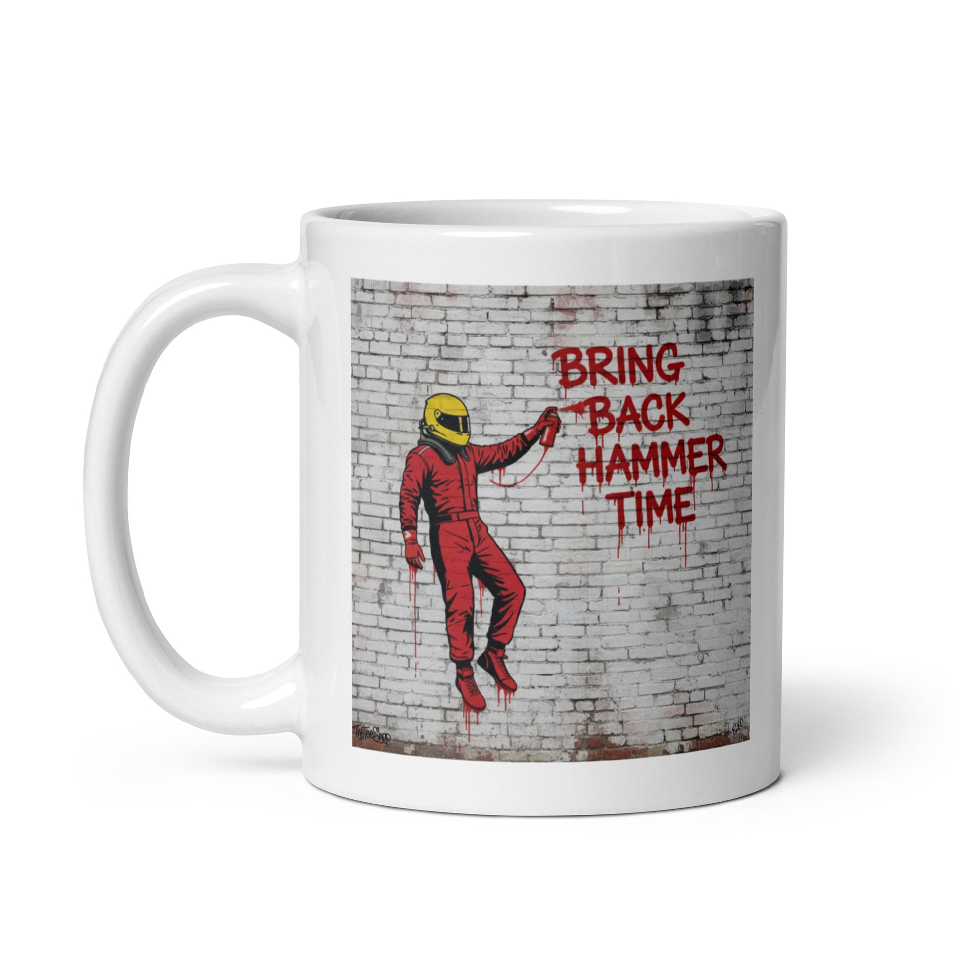 11oz White Lewis Hamilton Hammer Time mug with handle on left.