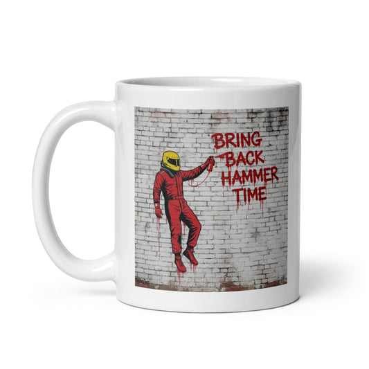 11oz White Lewis Hamilton Hammer Time mug with handle on left.