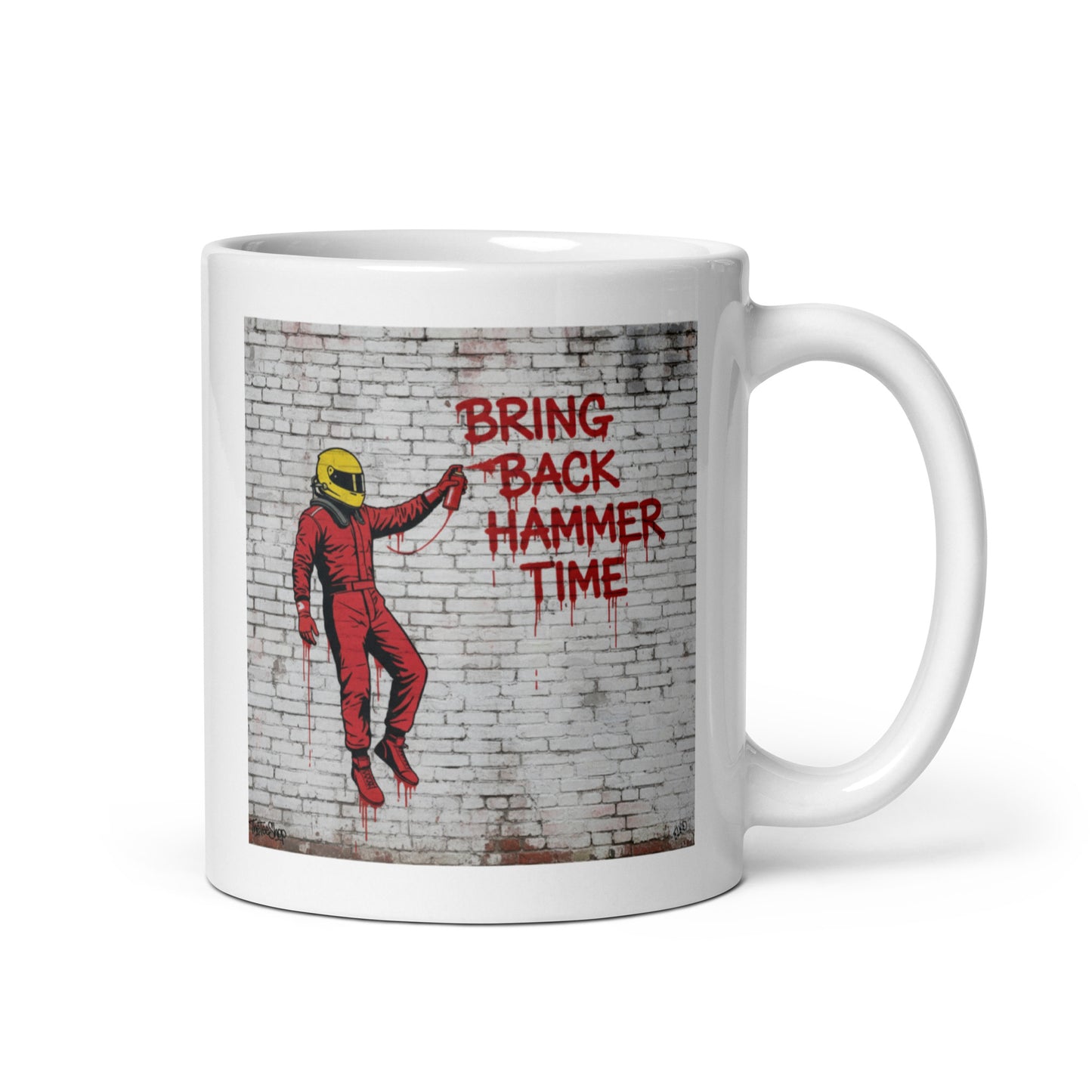 11oz white Lewis Hamilton mug with handle on the right.