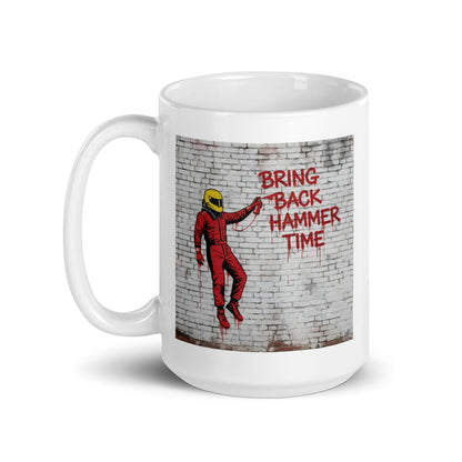 15oz white Lewis Hamilton mug with handle on the left. The mug features graffiti street art the Bring Back Hammer Time on a wall.