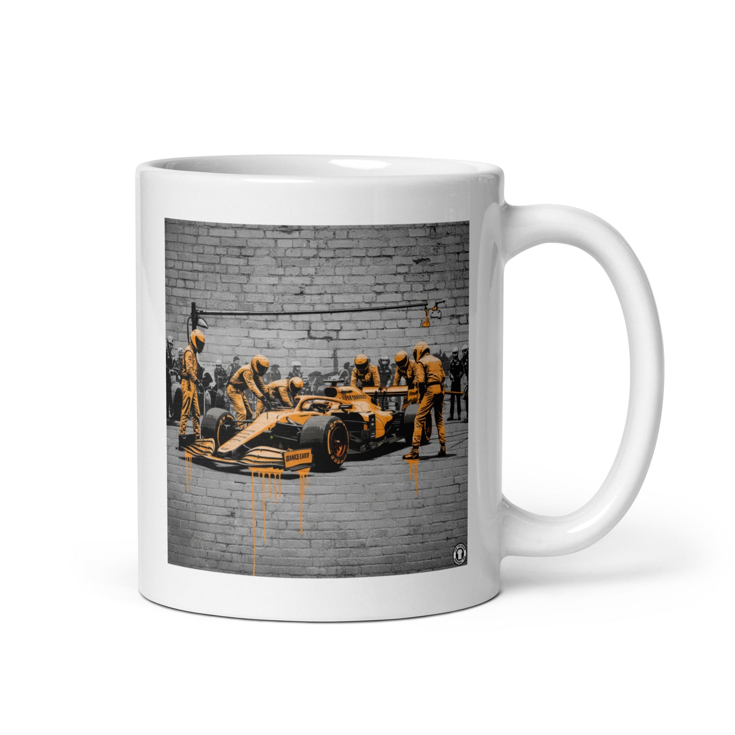 White 11oz ceramic McLaren mug with handle on right.