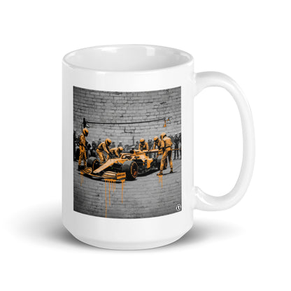 White McLaren Mug with handle on right.