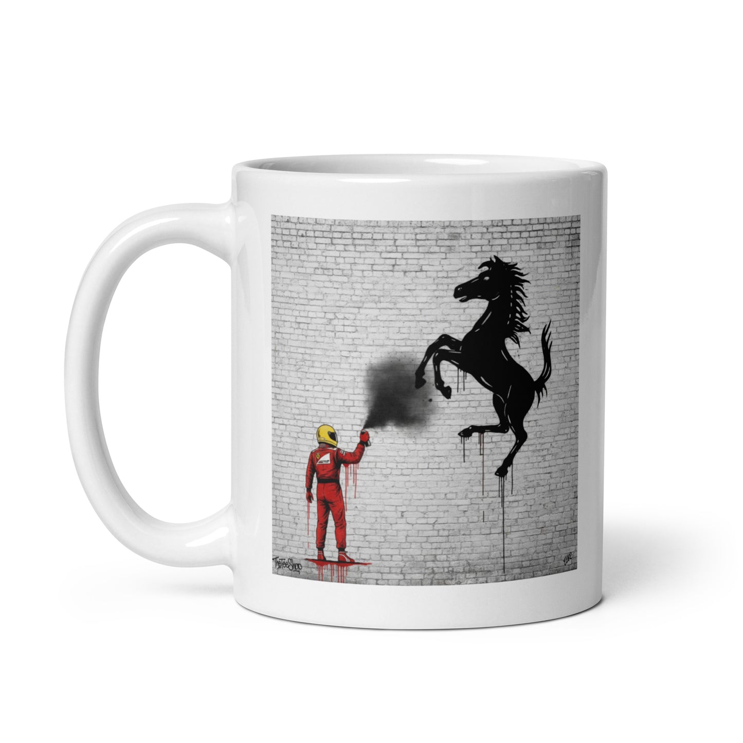 11oz Ferrari Mug featuring a driver spray painting a prancing horse. handle on left side.