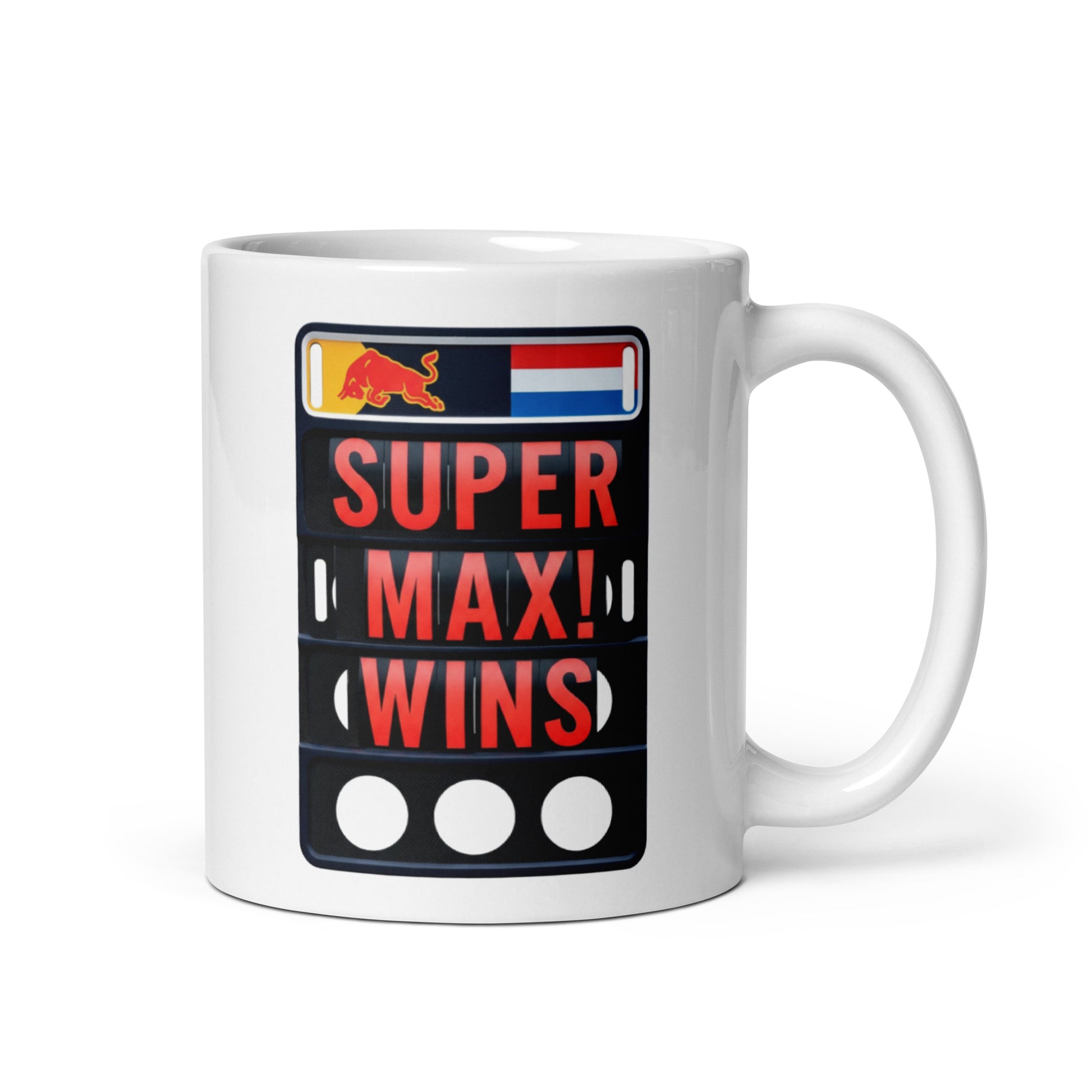 11oz white ceramic mug with handle on the right. Features SUPER MAZ! WINS on a pit board.