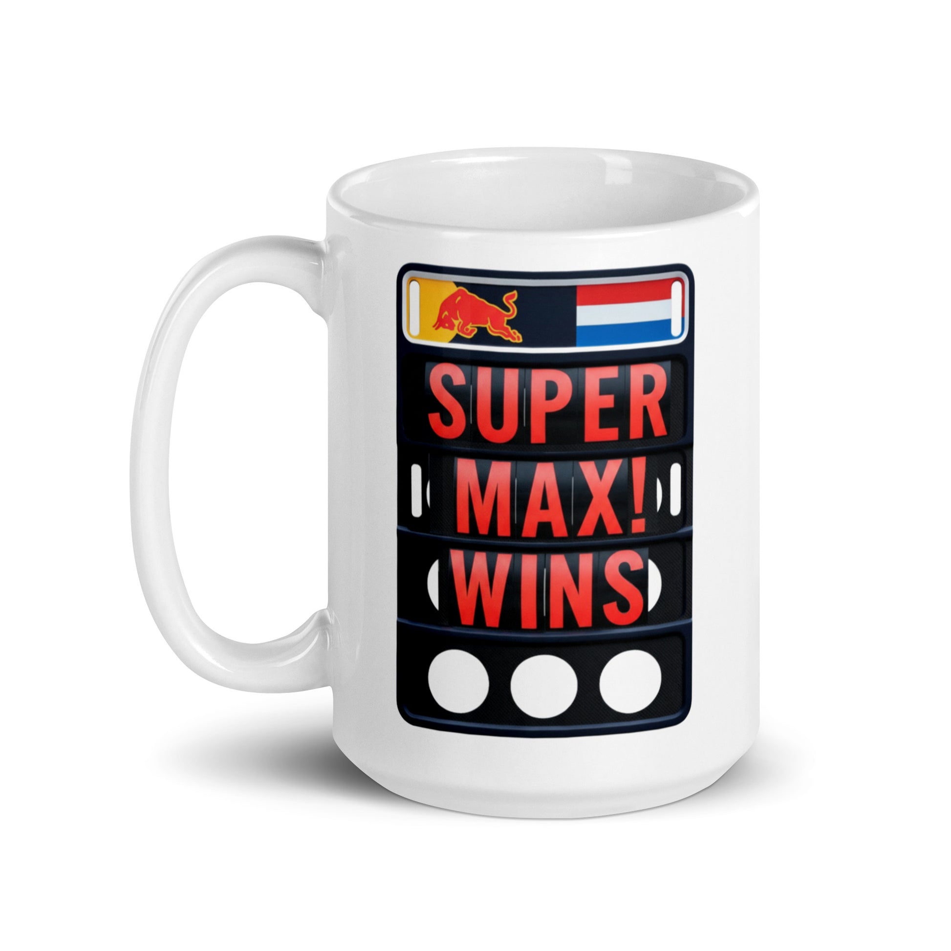15oz white ceramic mug with handle on the left. Features SUPER MAZ! WINS on a pit board.