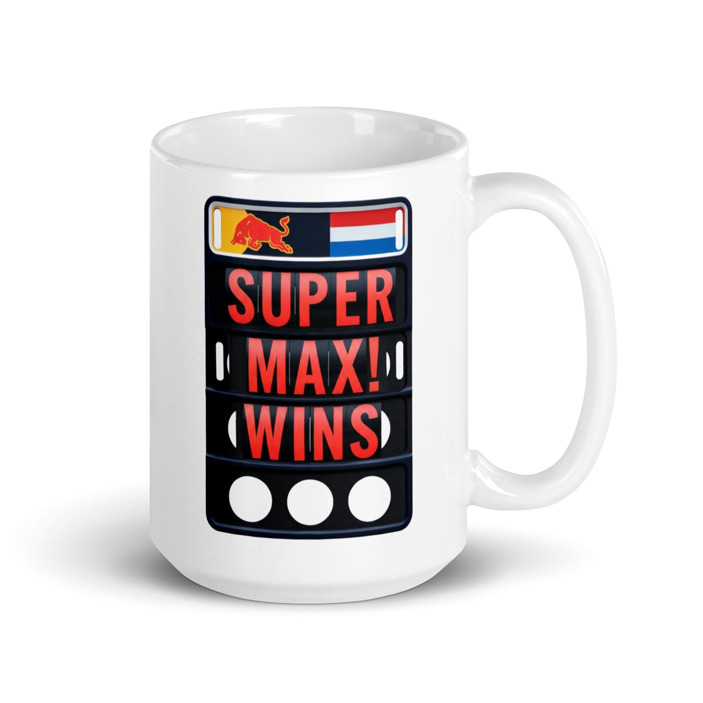 15oz white ceramic mug with handle on the left. Features SUPER MAZ! WINS on a pit board.