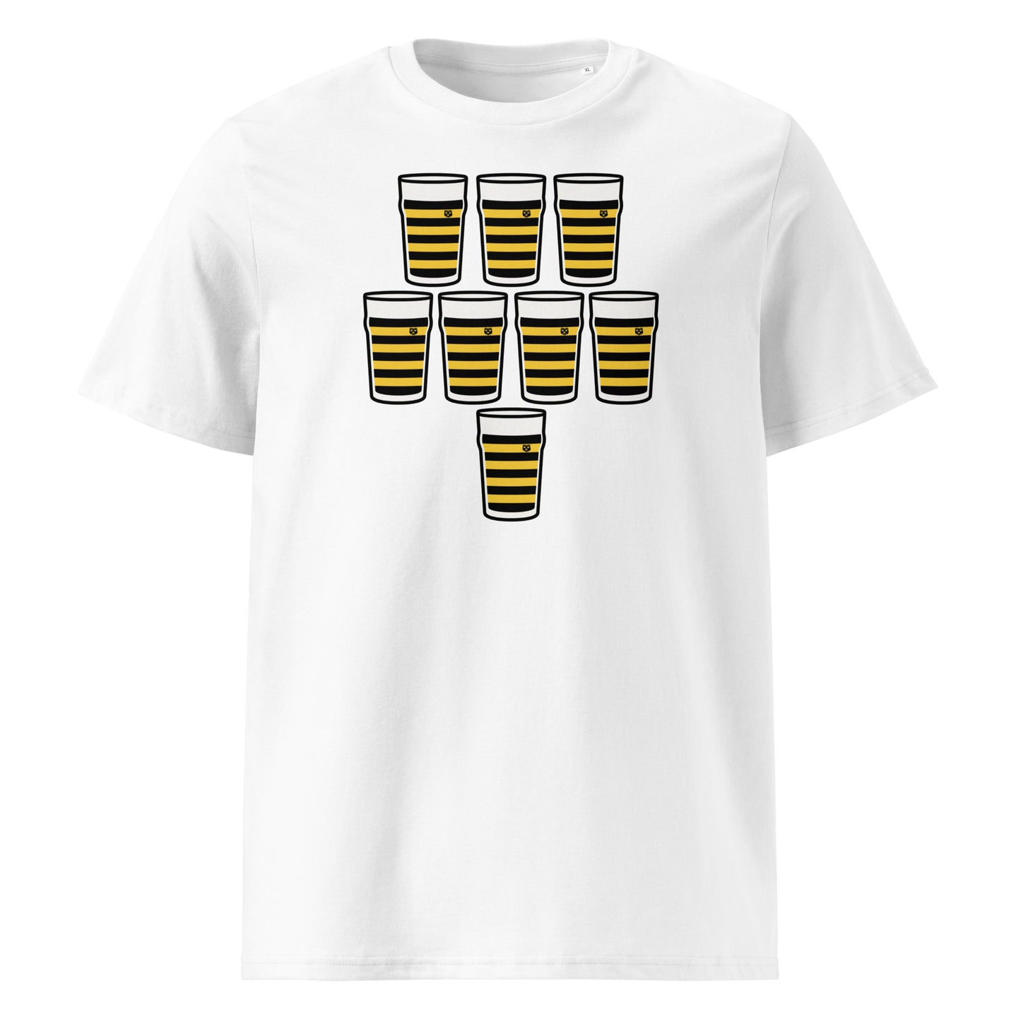 White t-shirt with eight black and gold hooped pint glasses arranged in a rugby scrum formation
