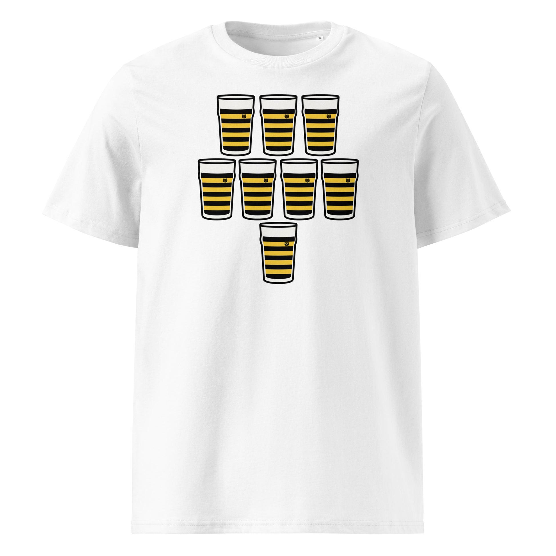 White t-shirt with eight black and gold hooped pint glasses arranged in a rugby scrum formation
