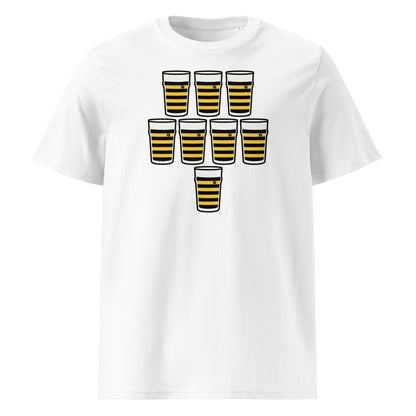 White t-shirt with eight black and gold hooped pint glasses arranged in a rugby scrum formation
